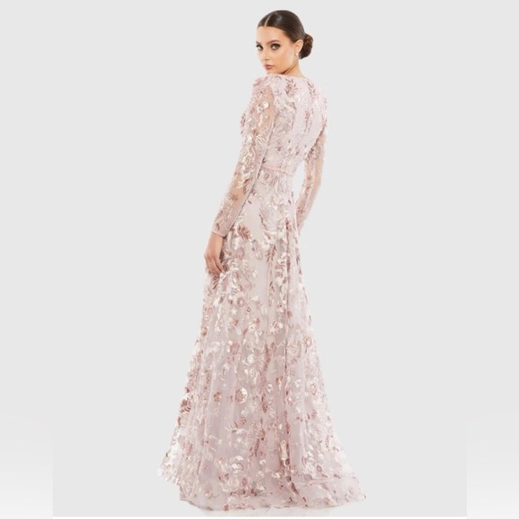 Mac Duggal Embellished V Neck Illusion Long Sleeve A Line Gown Size 16. - Picture 3 of 12